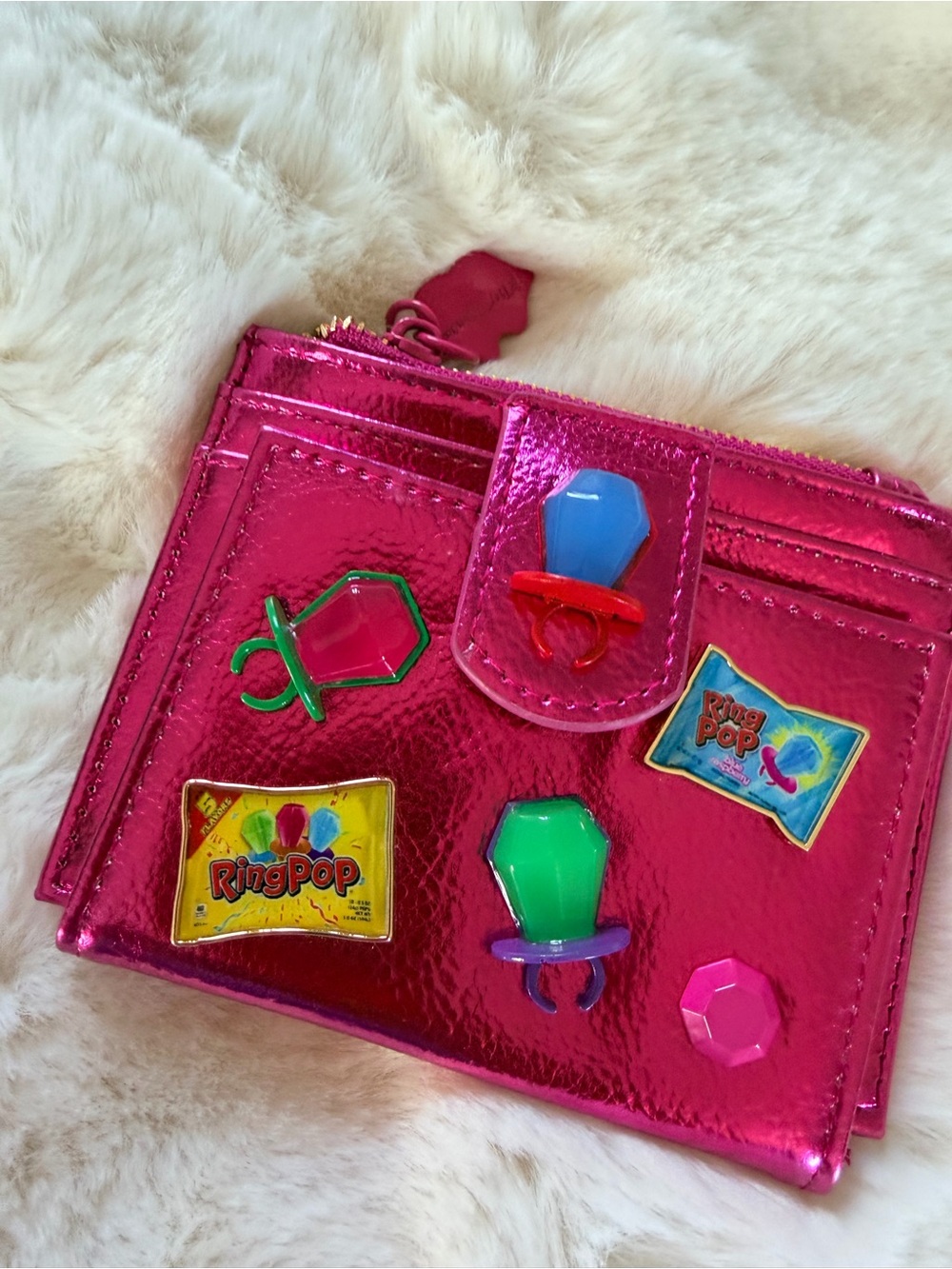 Betsey Johnson Pink Metallic Card Holder Wallet with Colorful Ring Pop Accents - Picture 2 of 12